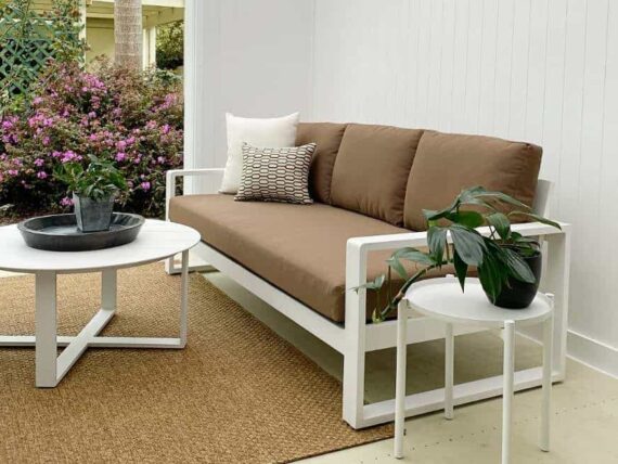 weatherproof outdoor 3 seater sofa brown cushions