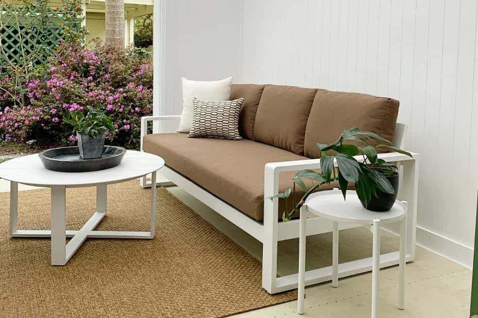 weatherproof outdoor 3 seater sofa brown cushions