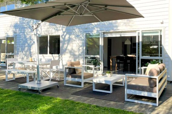 Bask Outdoor Lounge Set: 3-Seater Sofa, Chair, Coffee Table (white frame)