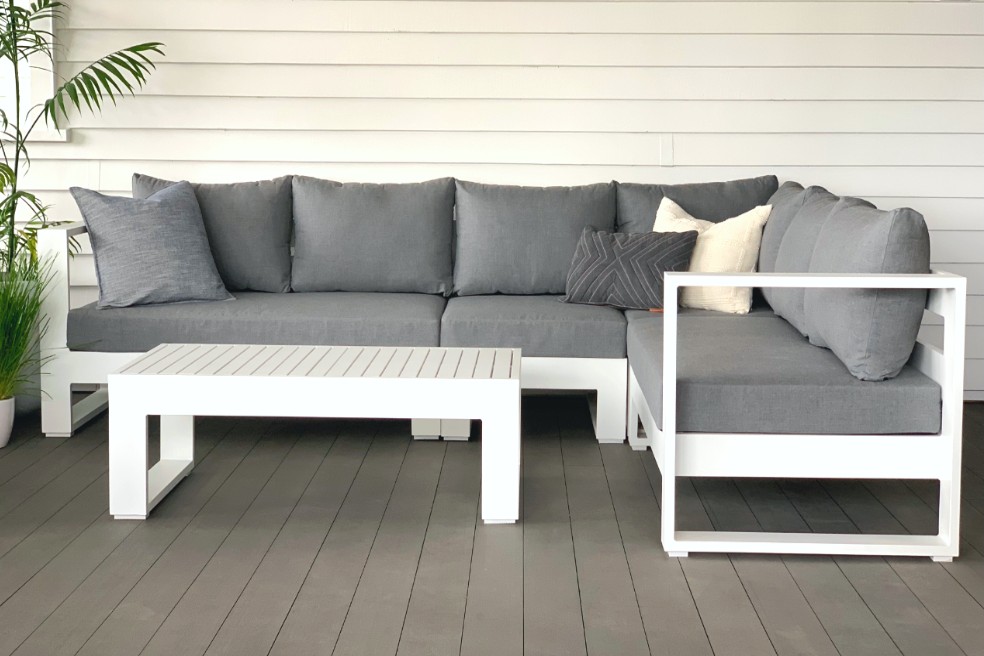 Bask Sunbrella Corner Modular Sofa Coffee Table White Frame