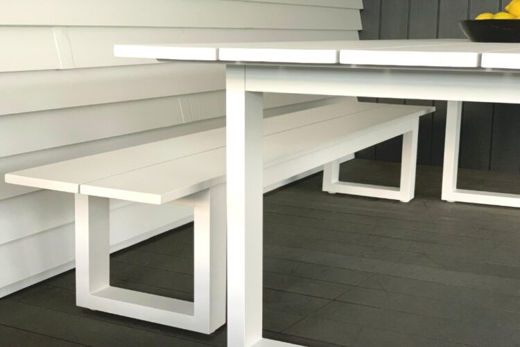 contemporary affordable white aluminium table and two benches Auckland