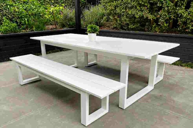 modern white long lunch outdoor table and bench set