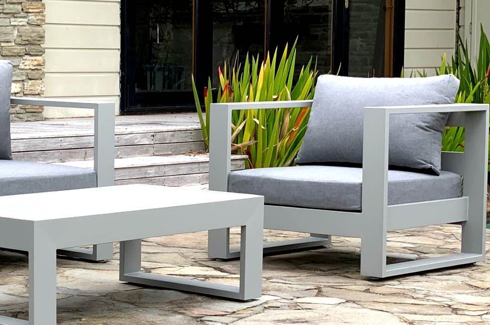 modern outdoor arm chair grey frame and cushions