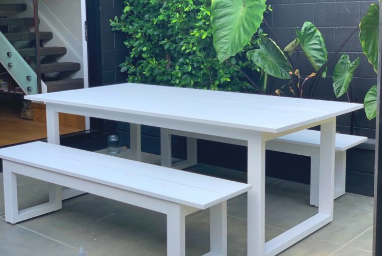 white outdoor 2M table and bench seats nz