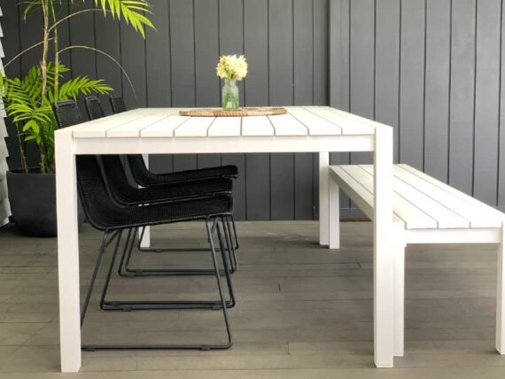 2M white outdoor table and bench seats nz