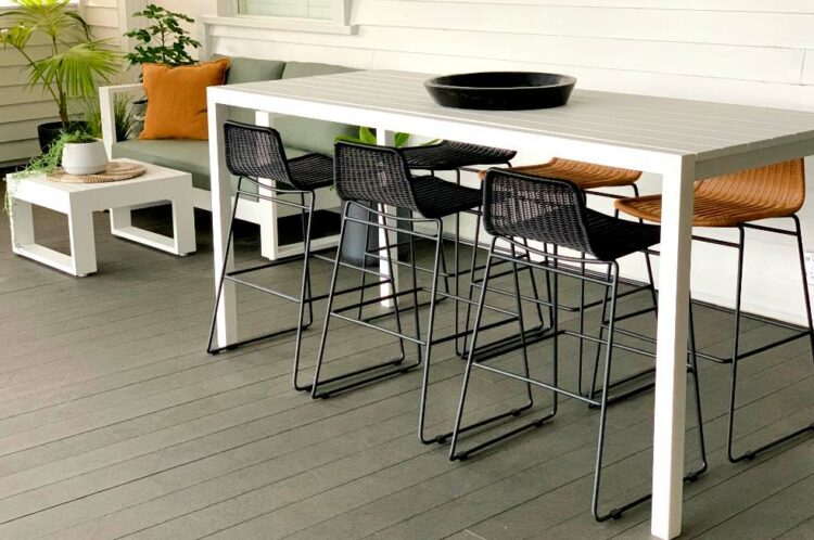 LONG WHITE OUTDOOR BAR TABLE AND CHAIRS AUCKLAND
