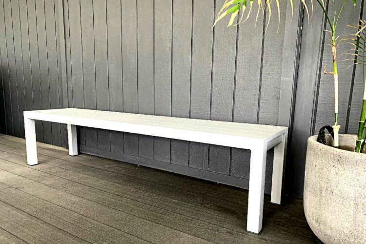 long grey slatted outdoor bench