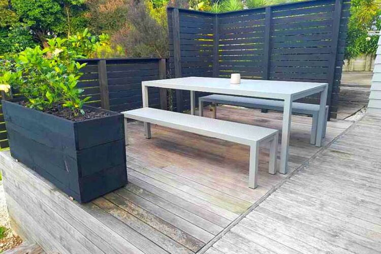quality grey outdoor table and two bench set nz