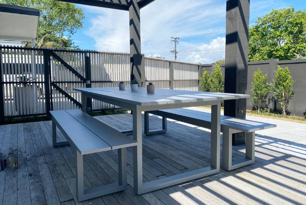 quality outdoor table and benches grey nz