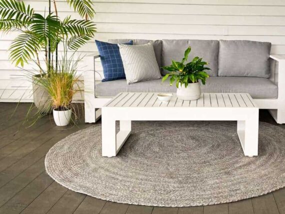large round outdoor grey textured rug