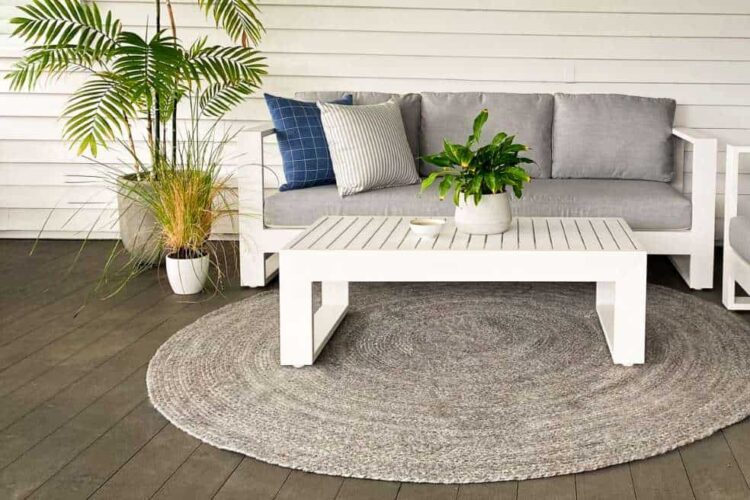 large round outdoor grey textured rug