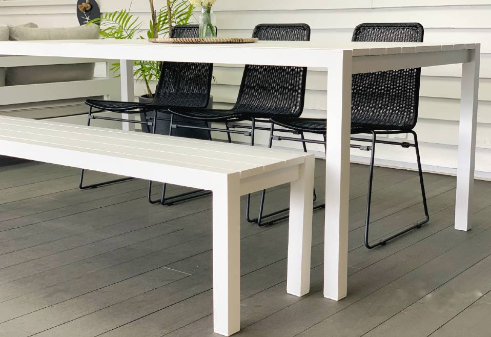 Ours Range White 2m Outdoor Table, Dining Table With Bench Seats Nz