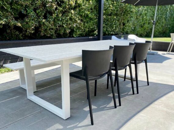 outdoor table bench black chairs
