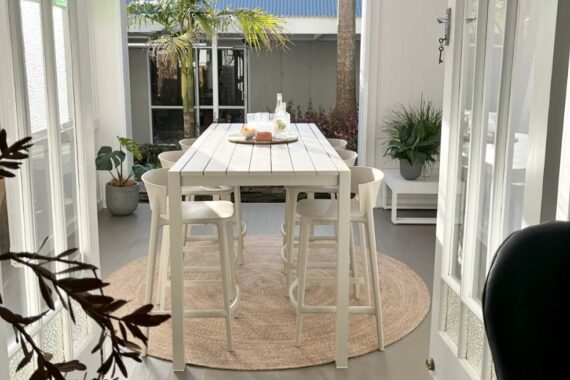Dinner at Ours Range: Bone 2M Outdoor Bar Table & 6 Vondom Bar Chairs (3 chair colours)