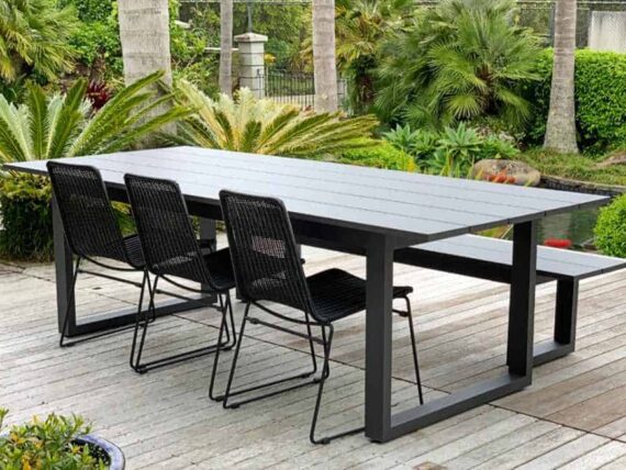 large charcoal outdoor table bench chairs