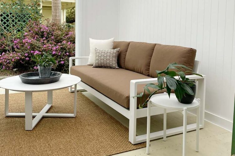 weatherproof outdoor 3 seater sofa brown cushions