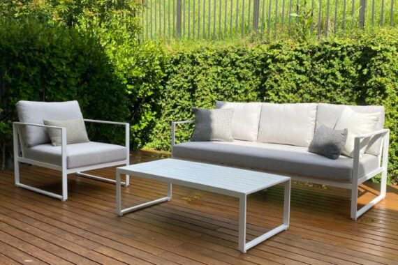 Happy Hour Outdoor Lounge Set: 3-Seater Sofa, Chair, Coffee Table (white frame)
