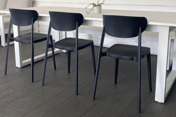 Long Lunch Range: White Outdoor 2.4M Table, Bench & 3 Amado Chairs (3 chair colours)