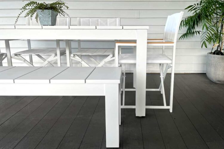 white outdoor dining set white chairs NZ