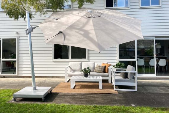 best value large round octagonal Sunbrella umbrella taupe